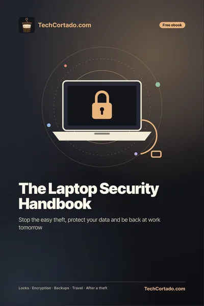Cover of The Laptop Security Handbook: a laptop with a padlock on the screen and a cable lock attached