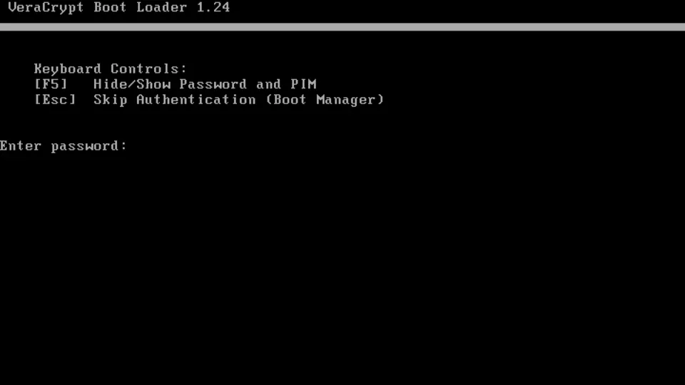 The VeraCrypt boot loader screen asking for a password before the system starts