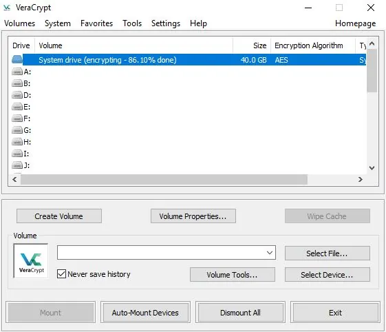 VeraCrypt progress window while it encrypts a system drive
