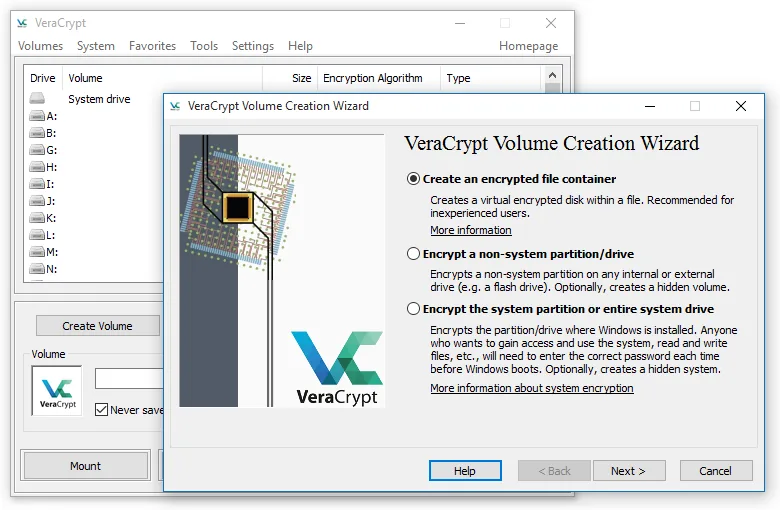 VeraCrypt main window listing drive letters, with buttons to create and mount a volume