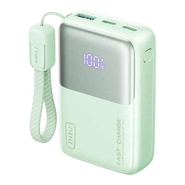 INIU Pocket Rocket P50-E1 in mint green, with a small display, three ports and a cord loop.