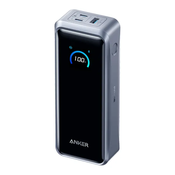 Anker Prime 26K 300W: a tall grey power bank with a display on the front.