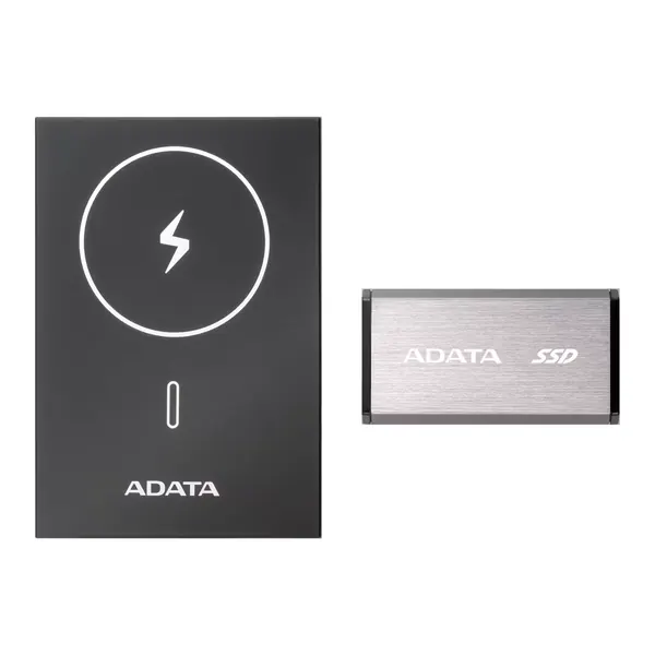 ADATA SR800: a dark grey magnetic battery next to its silver SSD module.