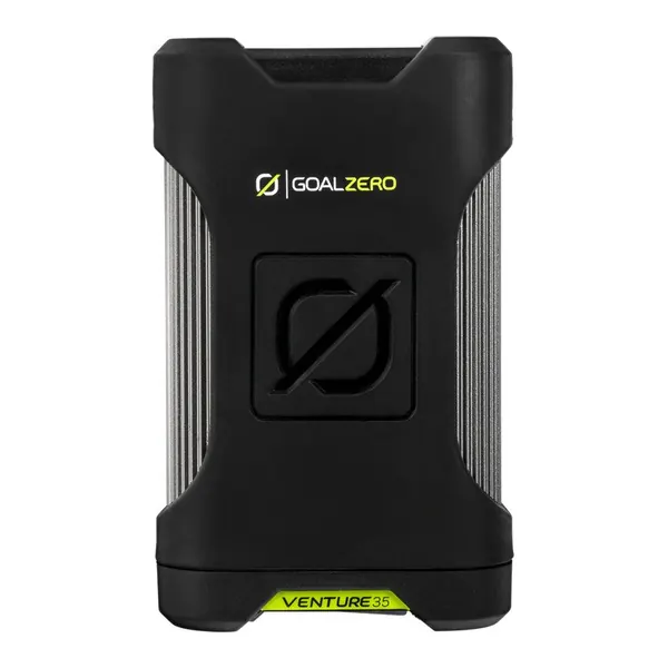 Goal Zero Venture35: a rugged black power bank with green trim.