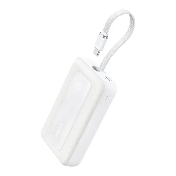 Anker Zolo A1688 in white, with its short built-in USB-C cable.