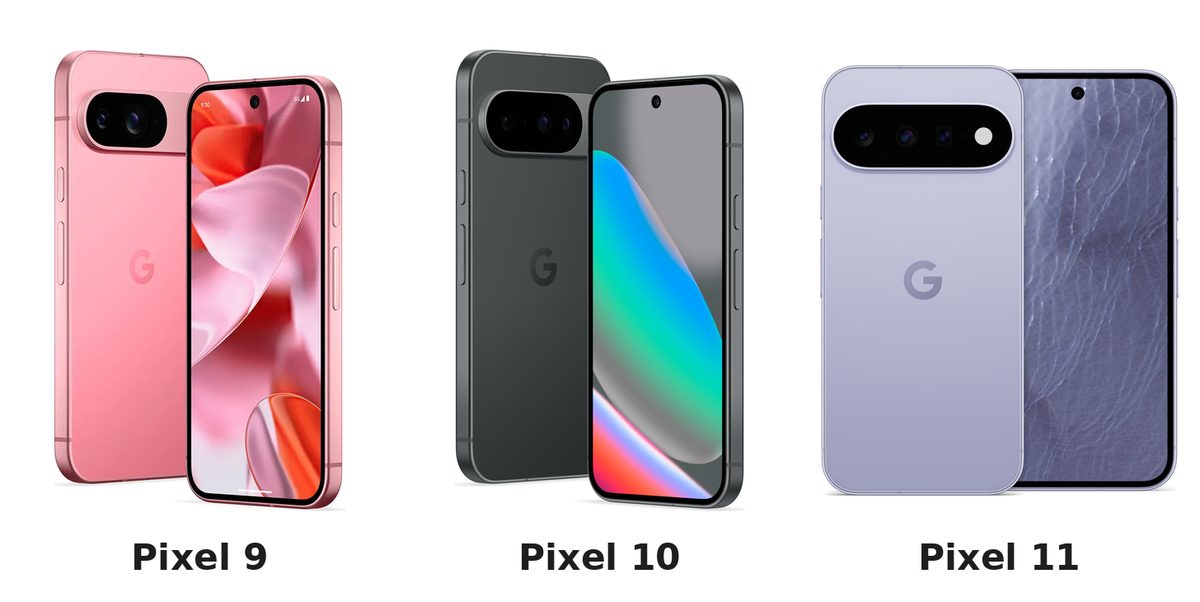 Pixel 9 in pink, Pixel 10 in dark grey and Pixel 11 in lilac, each shown from the back and the front.